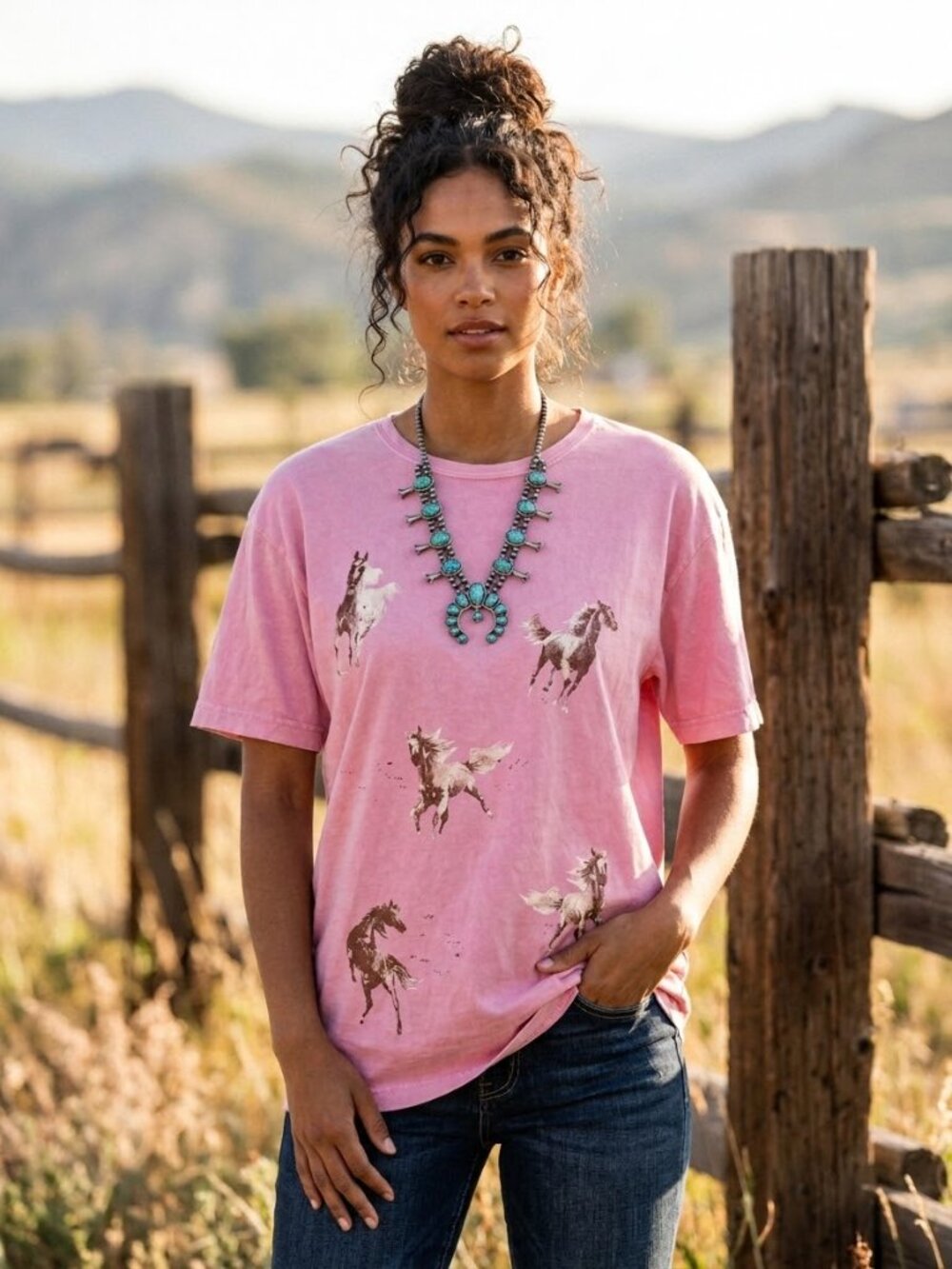 Zutter Pink Mineral Wash Horse Graphic Tee Metallic Gold Western Top Medium